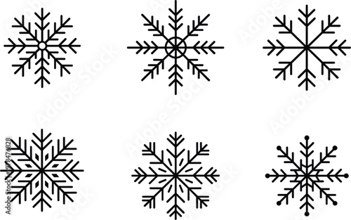 Snowflake silhouette vector icon set, black winter cold weather symbols for Christmas holiday, New Year decor