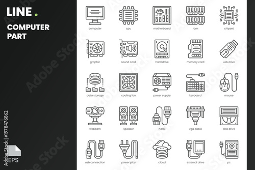 Computer Part Icon pack for your website, mobile, presentation, and logo design. Computer Part Icon outline design. Vector graphics illustration and editable stroke.