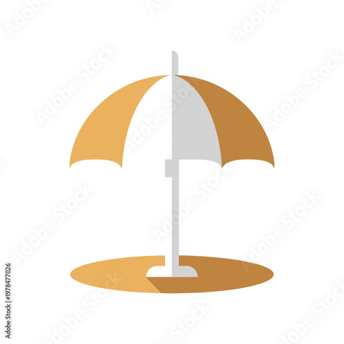 Minimalist flat design illustration of a beach umbrella with a split color canopy over a sandy ground.