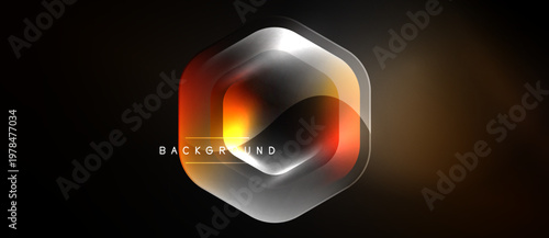 Abstract hexagon design. Orange, silver gradients create dynamic visual effect. Dark background emphasizes central shape. Modern, sleek presentation.