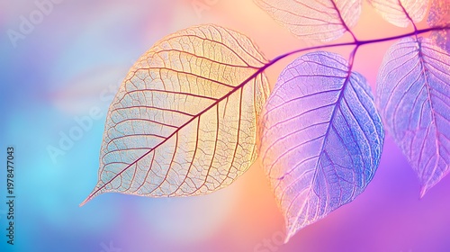 Delicate skeleton leaves glow vibrantly against a soft bokeh background