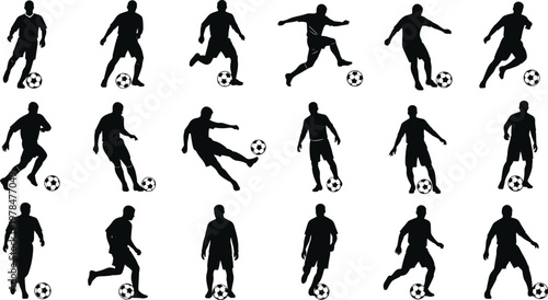 Black soccer player silhouettes collection showing various football actions including kicking dribbling and running with ball isolated on white background for sports competition design