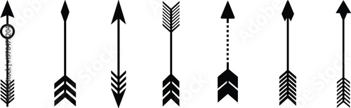 Tribal arrow silhouette vector set, black ethnic archer elements for boho design, hunting and adventure