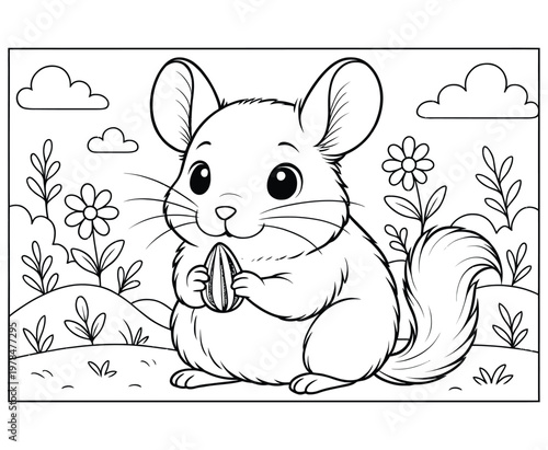 Cute cartoon chinchilla with a sunflower seed on a white background coloring book page.