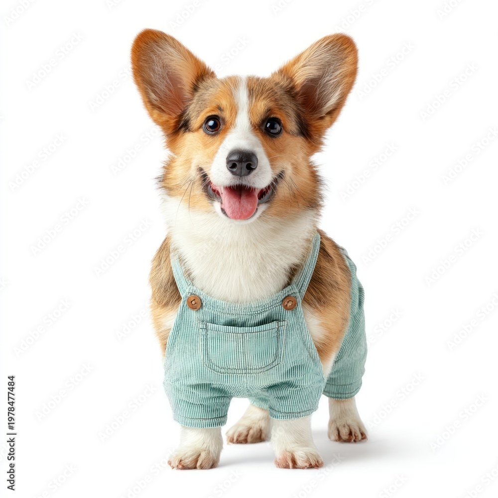 Fototapeta premium Corgi wearing cute denim overalls.