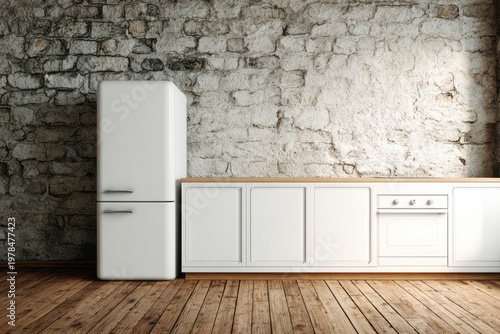 Retro kitchen with white cabinets, oven, and refrigerator against brick wall.
