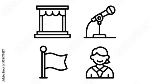 Simplified Icon Set: A collection of minimalist, line-art icons that capture essence of public speaking and presentation. Clean lines and simple shapes convey clarity and elegance.