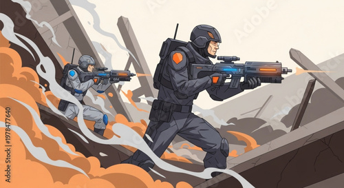 Soldiers in tactical gear advancing through smoke and rubble with guns ready for action in a war zone