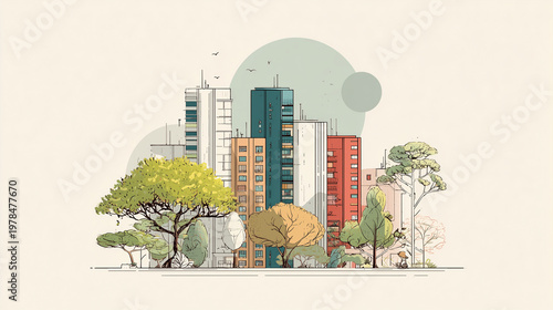 sustainable city adaptation to heat minimal vector illustration, eco friendly urban landscape with greenery and skyscrapers, modern sustainable architecture and urban forestry concept