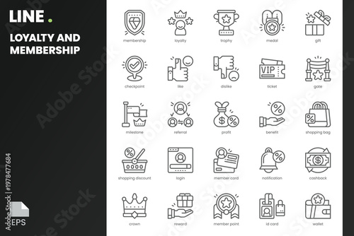 Loyalty and Membership Icon pack for your website, mobile, presentation, and logo design. Loyalty and Membership Icon outline design. Vector graphics illustration and editable stroke.