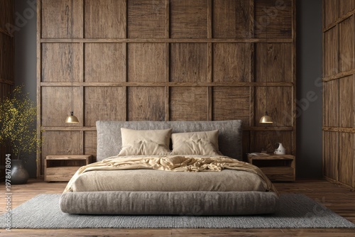 Cozy bedroom with a wooden paneled wall and a comfortable bed.