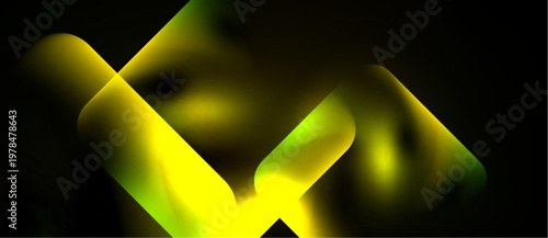 Abstract yellow shapes overlap black background. Gradient colors create dynamic visual effect. Smooth curves suggest movement, energy.