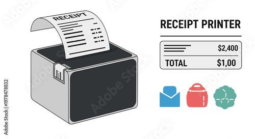 Receipt printer with paper roll.