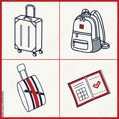 Travel equipment icons including a wheeled hardshell suitcase a school backpack a union jack flag patterned luggage piece a boarding pass document with carry on suitcase backpack vacation document