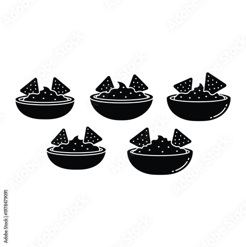 Six bowls of nachos presented as a minimalist black silhouette