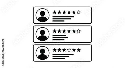 A series of black and white rating badges displaying user profiles and star ratings