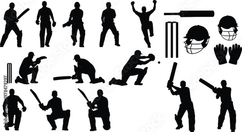 Cricket player silhouettes set featuring athletes batting bowling and fielding with equipment like bats helmets and wickets isolated on white background for sports designs