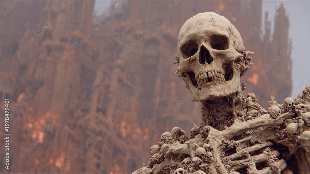 Naklejka premium Skeleton skull figure with multiple bones in ancient ruins. Fiery apocalyptic landscape behind eerie skeletal form. Dark fantasy horror concept for halloween and dystopian themes