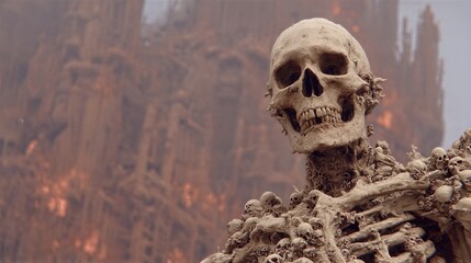 Fotobehang Cappuccinokleur Skeleton skull figure with multiple bones in ancient ruins. Fiery apocalyptic landscape behind eerie skeletal form. Dark fantasy horror concept for halloween and dystopian themes  © Alexey