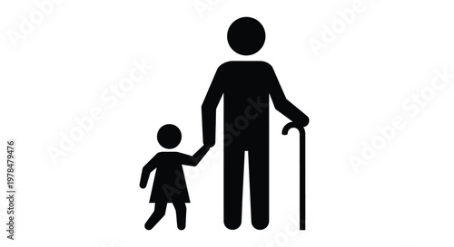 A simple black silhouette depicts an elderly man walking with a young child by his side