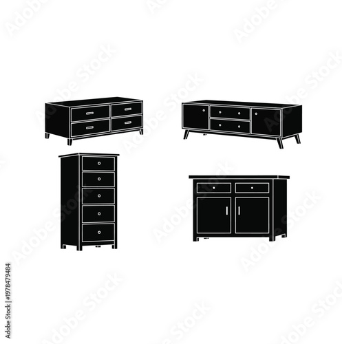 Black furniture set including dressers and cabinets a dark silhouette