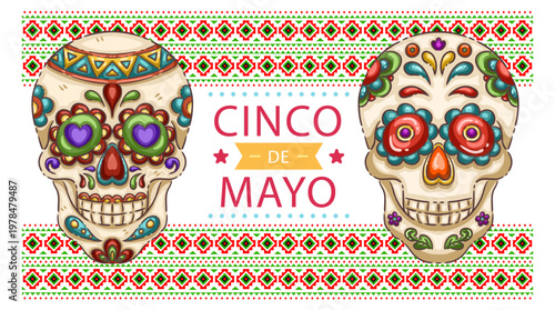 Cinco de Mayo Banner with Ornate Sugar Skulls and Mexican Geometric Borders