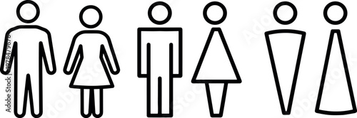 WC sign and restroom icon collection, man and woman bathroom symbols, linear washroom symbols for public navigation on transparent background