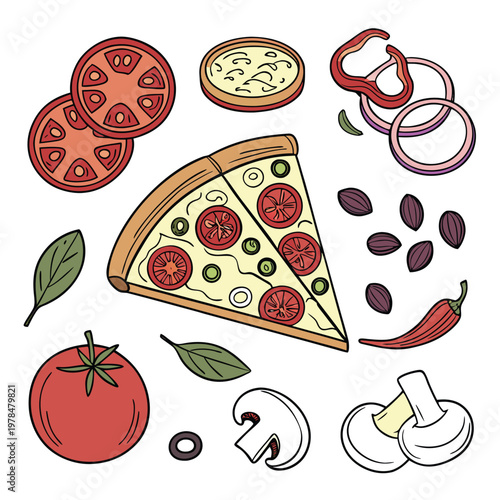 Pizza slices and fresh ingredients illustration with tomato mushrooms olives peppers and basil mushroom ingredient restaurant vegetable culinary handdrawn illustration fastfood nutrition
