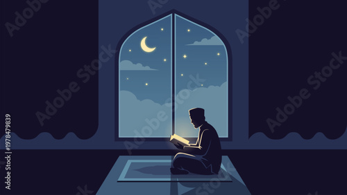 Ramadan Poster Night Scene with Man Reading Quran Indoors under Moonlight