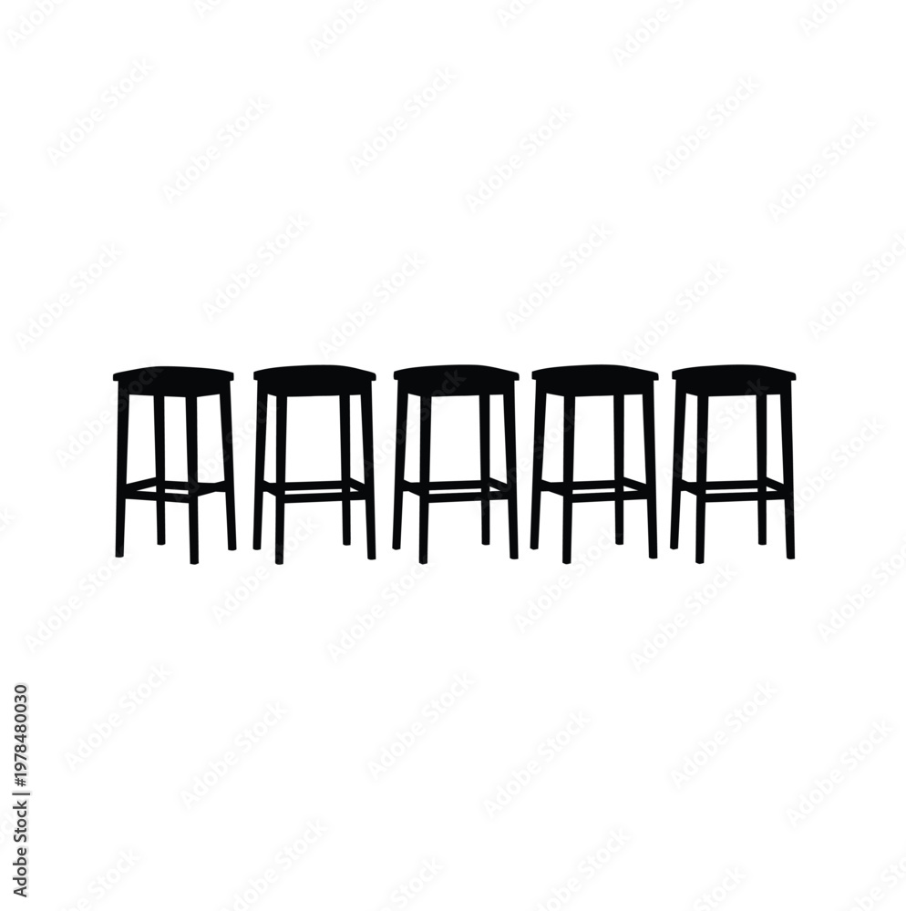 Fototapeta premium Five black bar stools are lined up in a simple silhouette