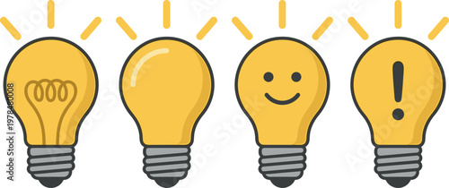 Creative light bulb icons collection, set of yellow lamp symbols for business inspiration and innovative ideas, vector thought pictograms on transparent background