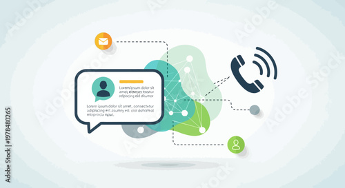 Illustration of digital communication with chat bubbles and phone icons in a modern abstract style.