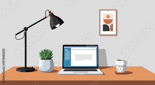 Modern workspace with laptop coffee cup desk lamp and plant.