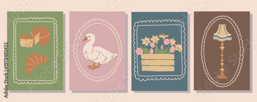 Cottagecore Poster Set. Cheese Goose Flowers Lamp