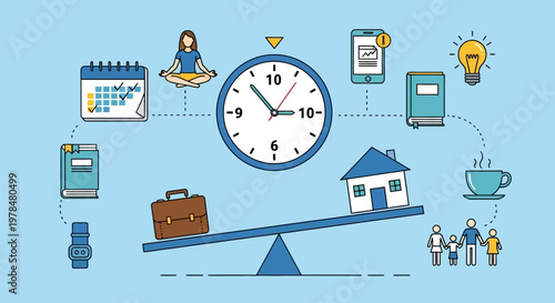 Conceptual illustration of work-life balance with clock and various lifestyle icons.