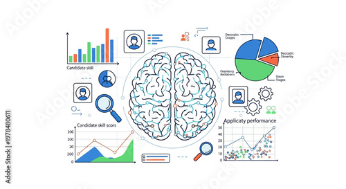 Infographic showing brain with data charts and analytical icons representing cognitive performance and information processing.