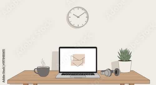 Minimalist workspace with laptop showing email notification and cozy desk setup.