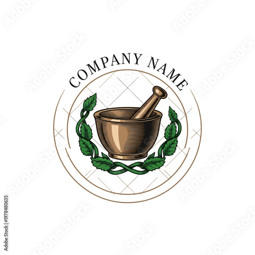 Mortar and Pestle Herbal Medicine Illustration with Botanical Wreath Design