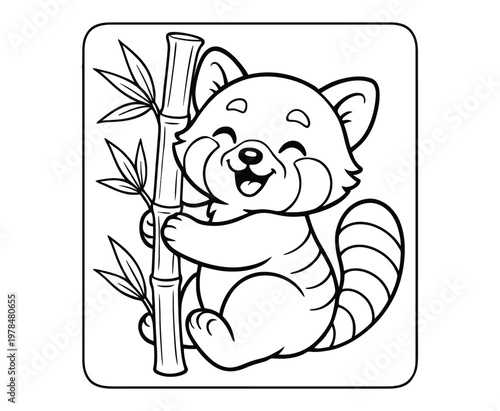 Adorable red panda climbing bamboo tree coloring page for kids creative school assignments.