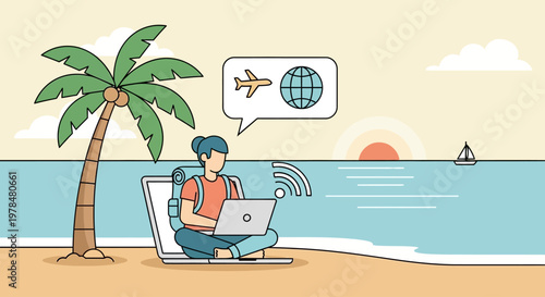 Man working remotely on laptop by the beach during sunset with palm tree and airplane flying overhead.