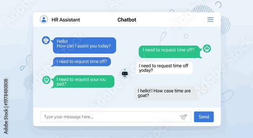 Illustration of a chatbot assisting with human resource requests in a messaging interface.