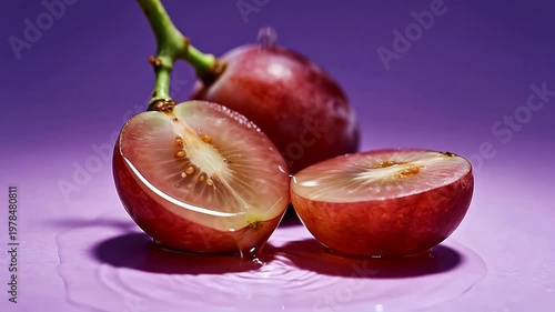 Red grapes cut in half on purple background