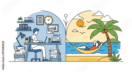 Contrast between busy office work environment and relaxing tropical beach vacation scene.