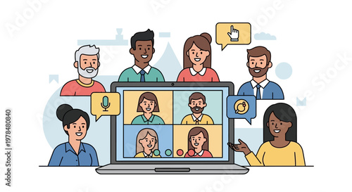 Diverse group of people participating in a virtual video conference call on laptop.