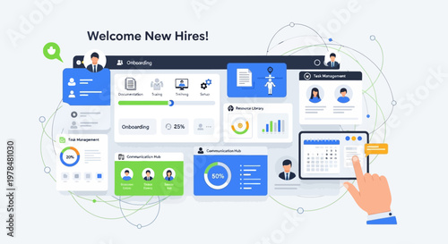 Illustration of a digital dashboard interface for managing new employee onboarding and HR analytics.