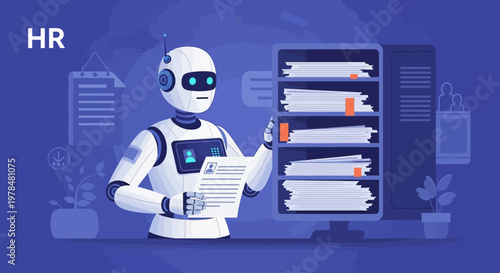 Artificial intelligence robot reviewing resumes for human resources recruitment process.