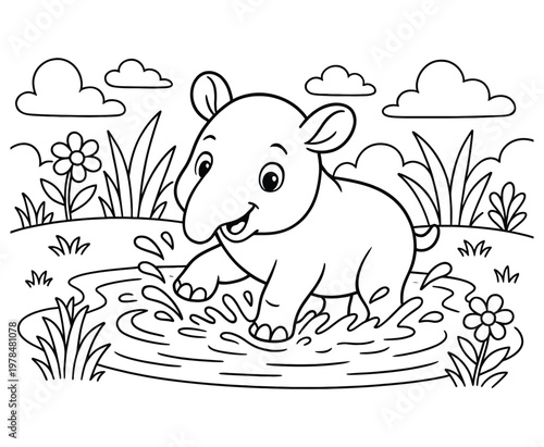 Cute tapir splashing in water, playful animal in natural habitat, outdoor scene with clouds.