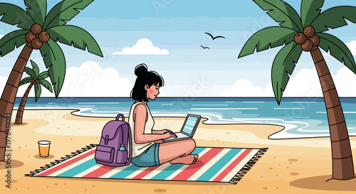Young woman working on laptop while sitting on beach under palm trees.