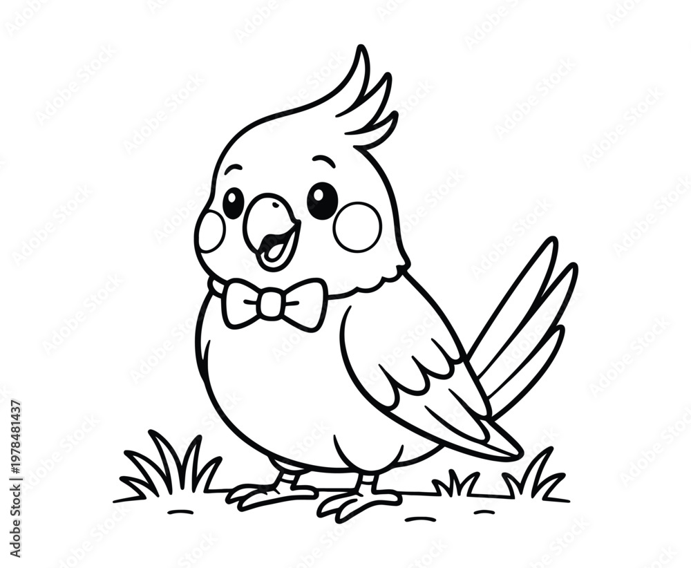 Fototapeta premium Cute cockatiel wearing bow tie, adorable cartoon bird standing on grass, pet animal.