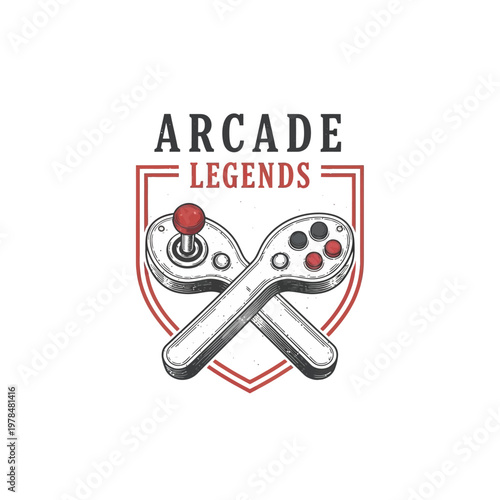 Gaming Arcade Legends Logo with Retro Joystick and Gamepad Illustration